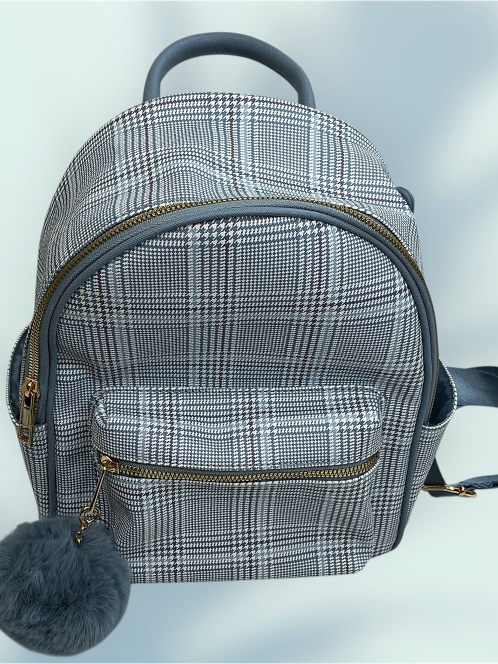 Stylish Blue Plaid Mini Backpack with Pom Pom
